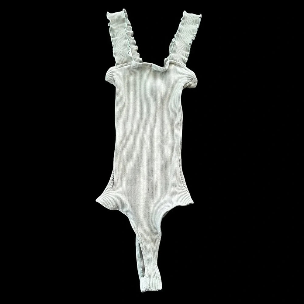 Jolie size XXS Sage Green Ribbed Bodysuit One Piece Ruffle Straps Made in USA